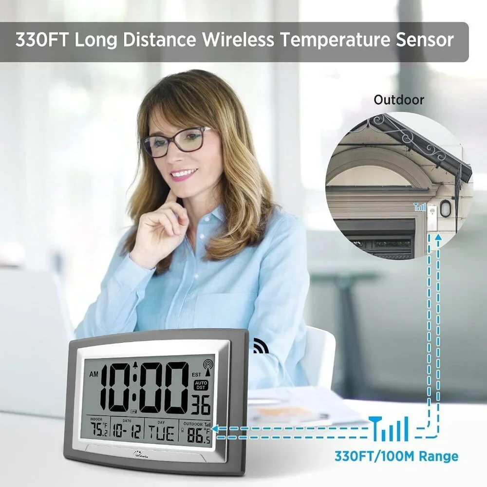 12.5-Inch Atomic Clock with Indoor/Outdoor Temperature - Stylish & Accurate